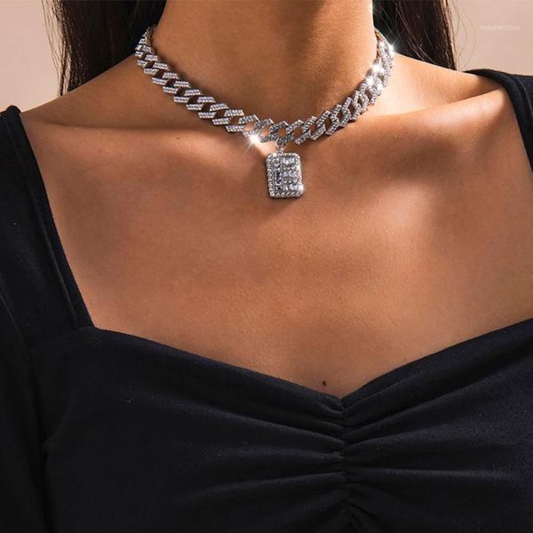 

lacteo miami cuba iced out paved rhinestone chain choker necklace luxury shiny square crystal pendant necklace jewelry for women1, Golden;silver