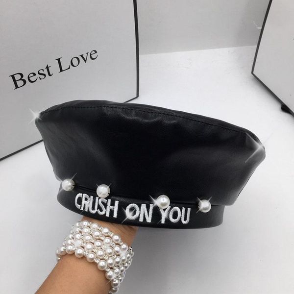 

japanese the new pearl letter during the spring and autumn summer pu leather beret female british painter hat, Blue;gray