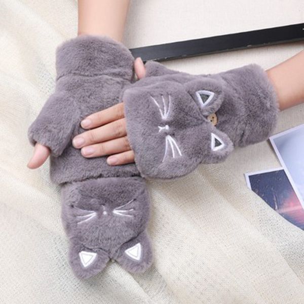 

women winter warm plus velvet thicken half finger flip cycling driving gloves cute cat fingerless touch screen mittens h10, Blue;gray