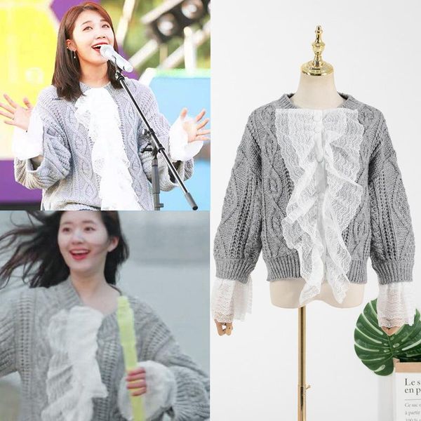 

women's knits & tees kpop korean celebrity autumn fashion lace splice sweater women streetwear casual wild long sleeved loose warm swea, White