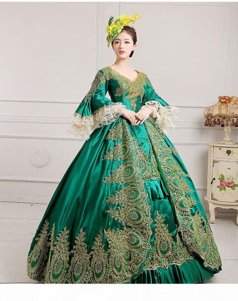 

luxury green embroidery golden lace medieval dress renaissance gown queen dress victorian marie antoinette colonial belle ball, Black;red