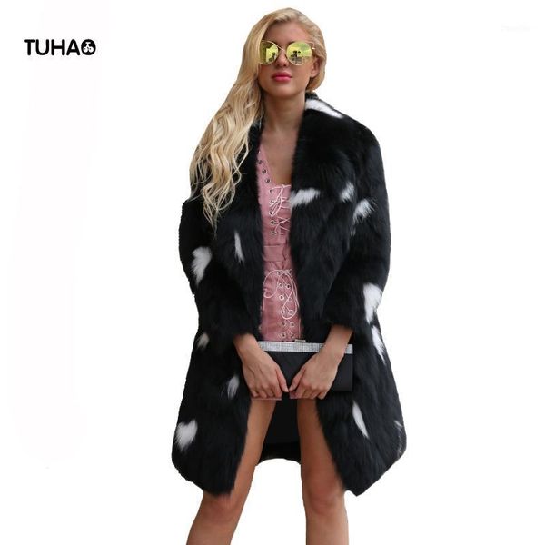 

tuhao thick autumn winter faux fur coat women's black white color patchwork long coats casual outerwear femme06981