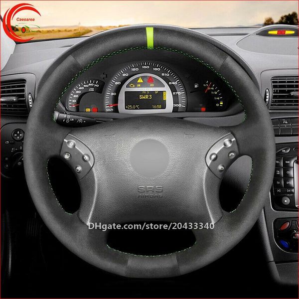 

black suede green marker car steering wheel cover for benz w203 c-class 2001-07