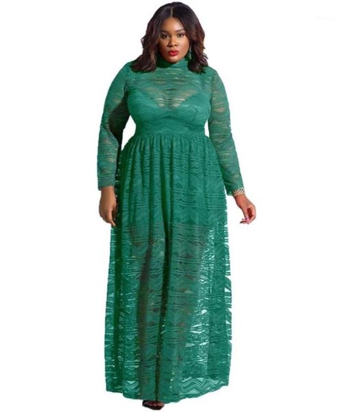 

2020 spring elegent african women polyester lace plus size long sleeve o-neck long dress l-4xl1, Red