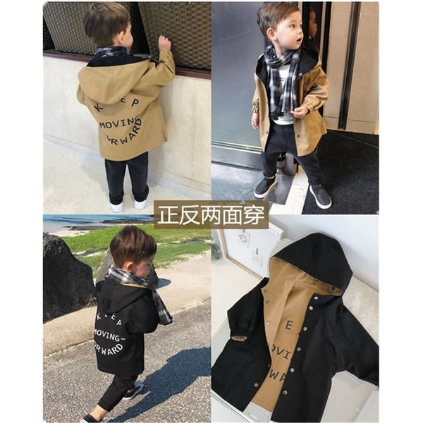 Boys Windbreaker носить на обеих сторонах случайные буквы печати дети траншеи пальто малыша мальчик куртки осень с капюшоном детские пальто 2019 LJ201007