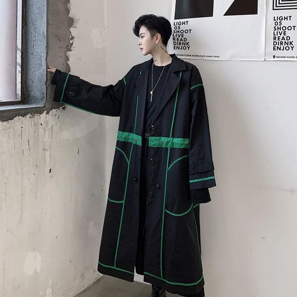 

male women couple streetwear hip hop long jacket windbreaker outerwear trenchcoat men green edging loose casual trench coat1, Tan;black