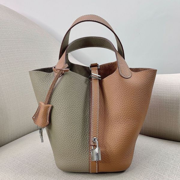 

new high-grade head leather lychee pattern color matching vegetable basket bucket fashion versatile hand-held women's bag