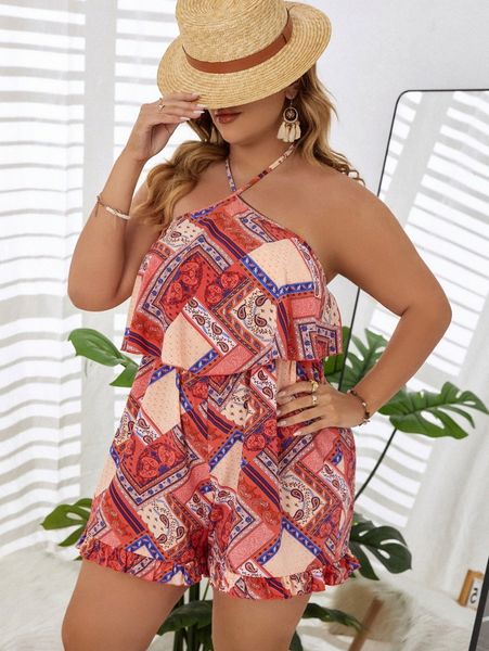 

plus patchwork print backless ruffle hem halter romper o0oh#, Black