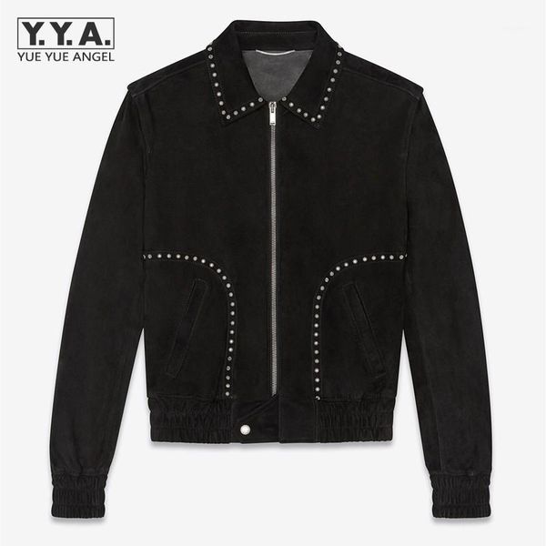 

vintage mens sheep suede motorcycle jacket punk rivets genuine leather coat long sleeve outerwear bikers jackets1, Black