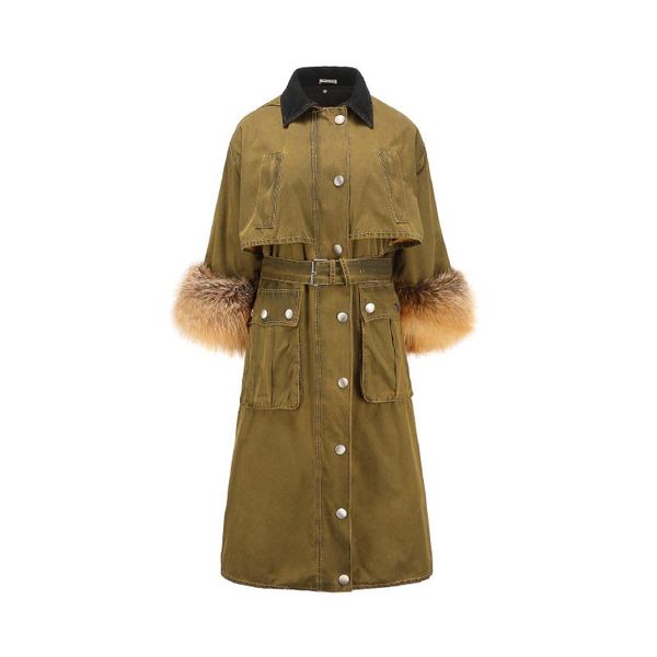 

sololo 2020 winter women long army green cotton lliner windbreak with fur, Black