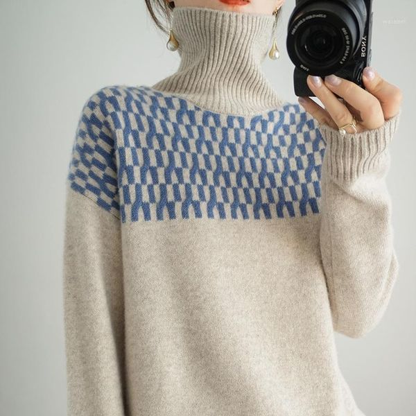 

100% wool cashmere sweater women's autumn / winter 2020 warm soft high collar long sleeve knitted pullover women's sweater1, White;black