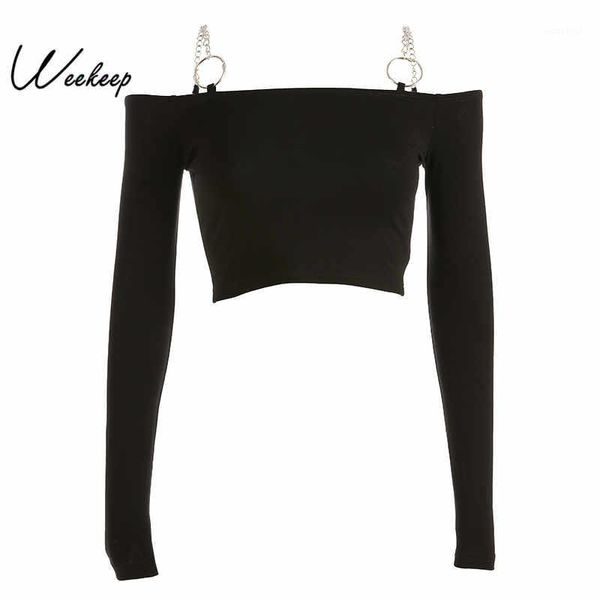 

weekeep women black long sleeve tshirt knitted slash neck cropped tshirt iron chain bodycon streetwear tee shirt femme crop, White