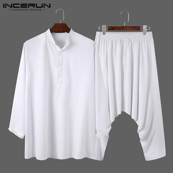 

incerun vintage solid mens suits autumn long sleeve stand collar elastic drop crotch pants sets casual buttons suits s-5xl, Gray