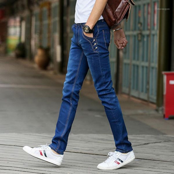 

men's high elastic jeans male 2020 spring new washed denim skinny slim fit stretch straight pants plus size1, Blue