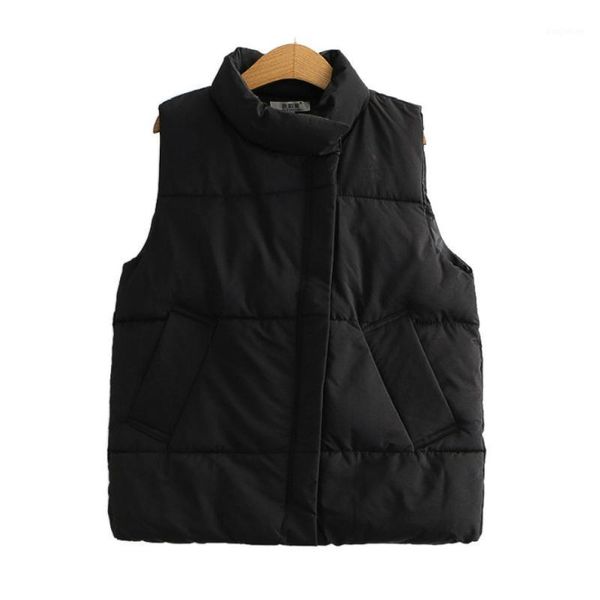 

casual solid cotton vests 2021 winter pocket jacket for women outerwear sleeveless mandarin collar coats femme1, Black;white