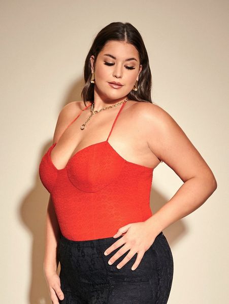 

plus self tie backless halter bodysuit t1qw#, Black