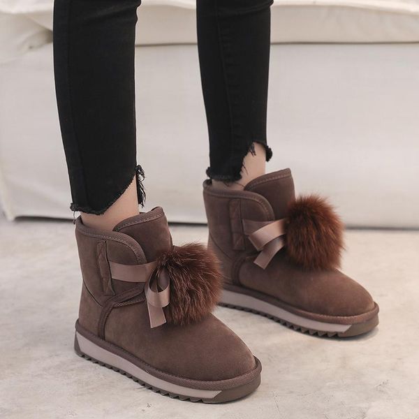 

fur snow boots women shoes suede ankle boots hairball decoration slip-on women short booties black brown botines mujer