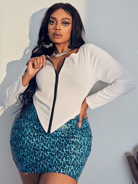 

sxy plus bandana hem zipper ribbed knit tee e7qx#, Black