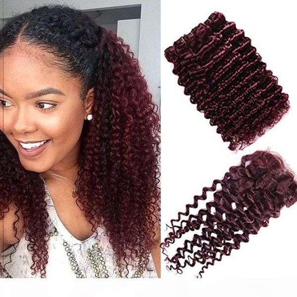 

3pcs lot peruvian 99j deep curly hair weft burgundy human hair bundles with 4x4 lace closure deep wave wine red peruvian hair weaves, Black;brown