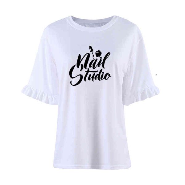 

beauty salon nail art manicure pedicure t-shirt women loose petal sleeve camisetas summer harajuku female tees plus size, White