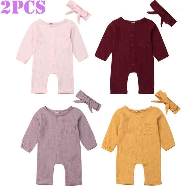 

2pcs newborn baby boy girl solid romper playsuit headband outfits autumn clothes1, Blue
