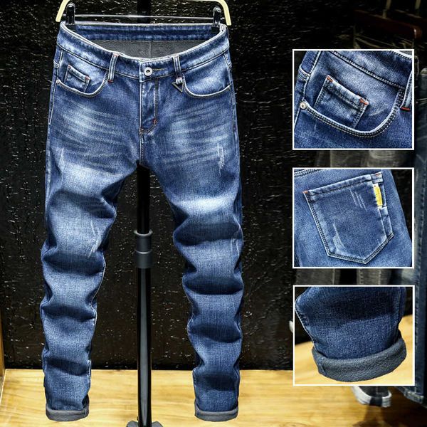

young autumn and winter plush jeans men's elastic slim leggings, Blue