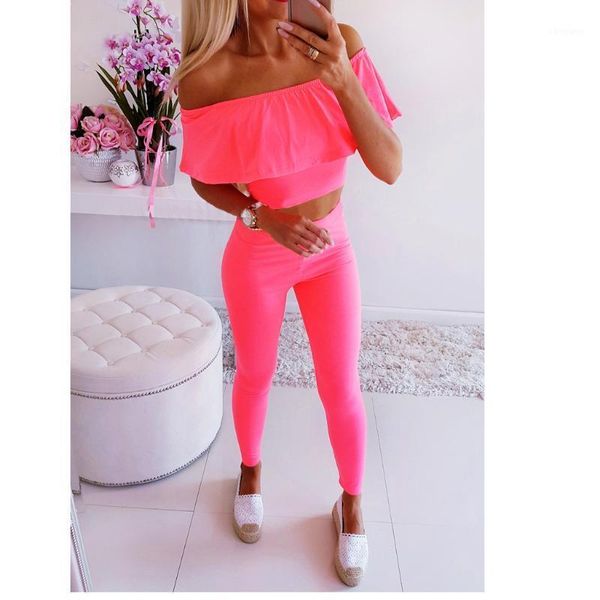 

gym clothing fashion women summer sportwear two pieve set solid colors ruffles off shoulder slim trousers casual exercise sports suit#g, White;black