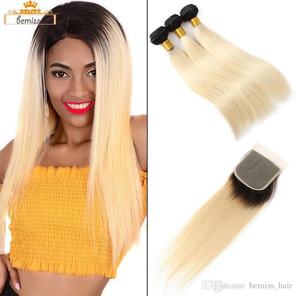 

unprocessed brazilian virgin hair 3 bundles with closure 1b 613 blonde straight human hair weaves weft dhgate selet hair extensions vendor, Black
