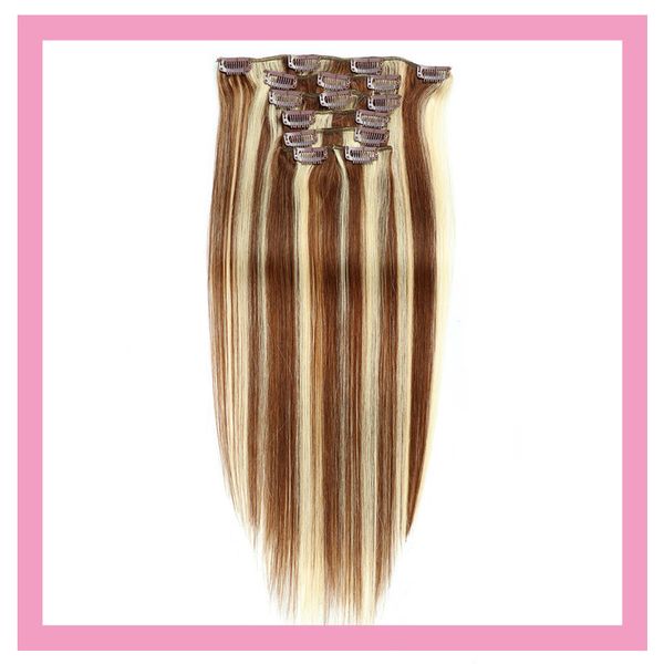 

peruvian clip in hair extensions 14-24inch 70g 100g straight #6/613 100% virgin human hair piano color clips hair wefts, Black;brown