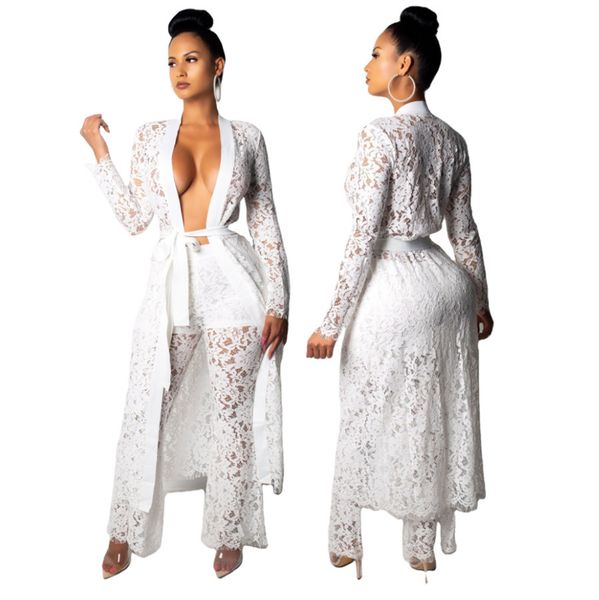 

all lace panelled womens designer 2pcs pants fashion long pants and long cardigan coats womens 2pcs sets casual females clothing, White