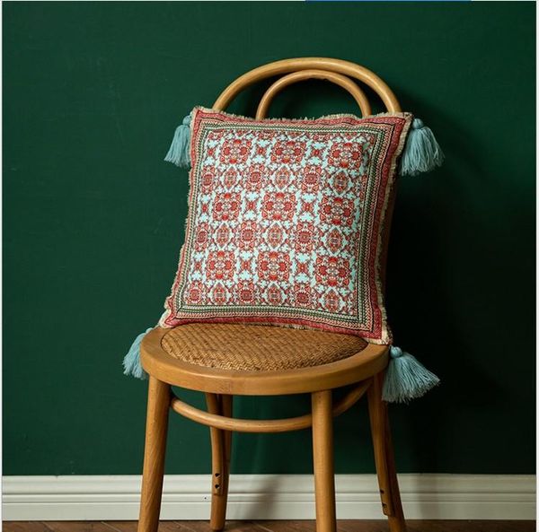 

Vintage Red Green Cushion Cover with Ribbon Tassels Decoration Boho Style Ethnic Pillow Cover 43x43cm/30x50cm Sofa Pillow
