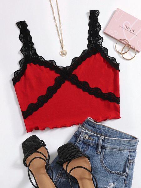 

contrast lace panel lettuce edge cami p3fa#, White