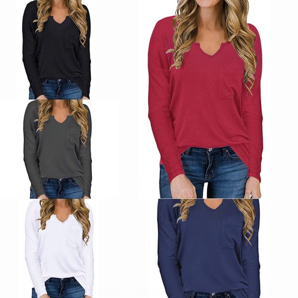 

women's 2020 autumn new v-neck pocket long coat t-shirt sleeve t-shirt short sleeve loose v8wag, White