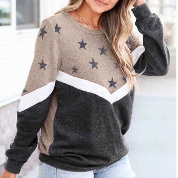

women 2020 new clothing women's fashion casual hooded long stars sleeve color block loose patchwork t-shirt ropa de mujer, White