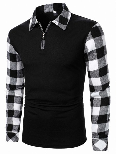 

men quarter zip contrast gingham polo shirt u31t#, White;black