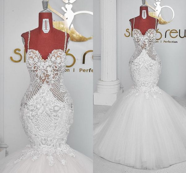 

elegant lace aso ebi wedding bride dress with straps mermaid plus size bridal trumpet gowns tulle sweetheart 2022 vestido de noiva robe de, White
