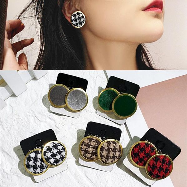 

stud autumn and winter fashion velvet earrings houndstooth round button plaid for women bijoux jewelry gift, Golden;silver