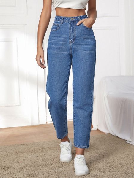 

high waist straight leg jeans 774k#, Blue