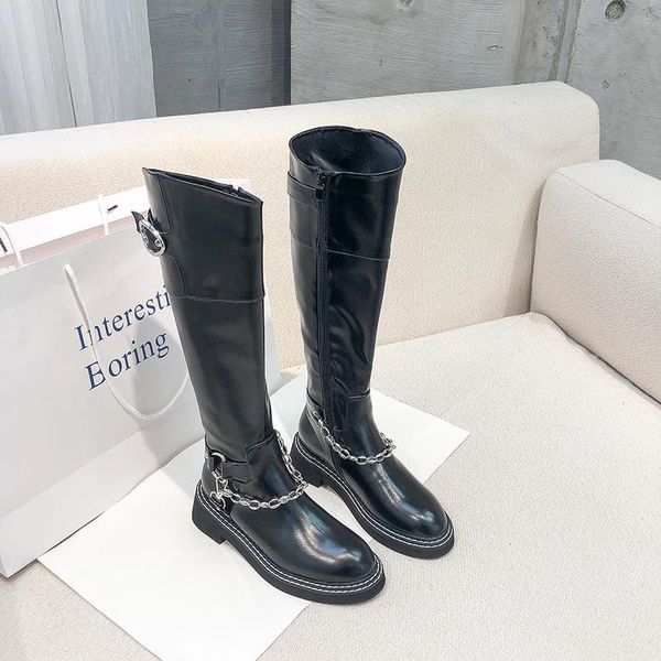 

winter women's knee high boots short plush lining round toe metal chain pull on shoes england style c12, Black