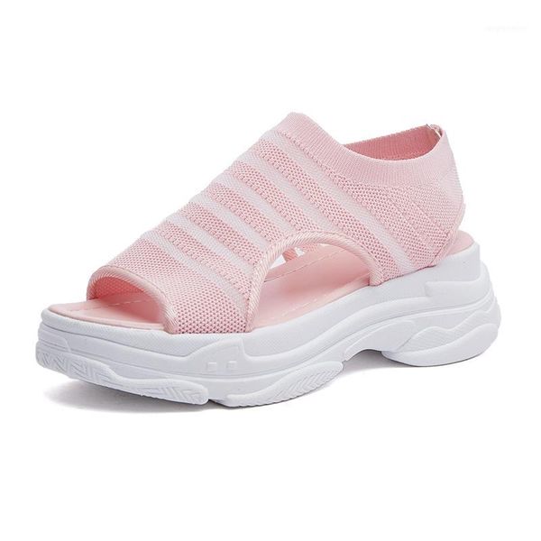 

stq 2020 summer sock sandals women platform flat shoes breathable mesh flat sandals pink wedges sandalias open toe flats 18811, Black