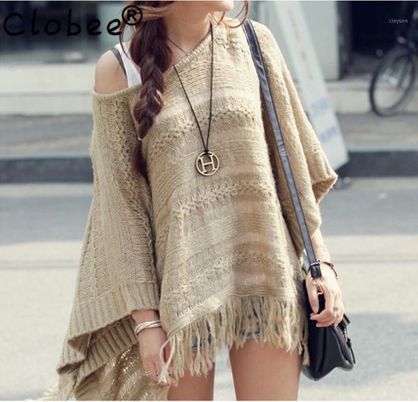 

2020 autumn vintage pullover casual hollow irregular knitting tassel cloak shawl bat sleeve smock sweater poncho women1, White;black