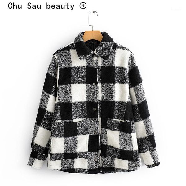 

chu sau beauty new fashion winter black white plaid woolen warm office wear coat women casual chic thick loose overcoats female1