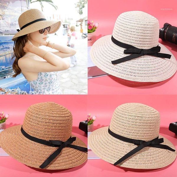 

Women Summer Floppy Straw Hat For Girls Foldable Sun Hat With Bow Ribbon Panama Beach Female Outdoor Travel Casual Caps1, Blue;gray