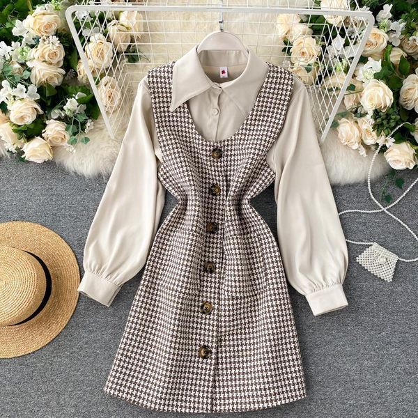 

women new fashion long sleeve casual shirts + korean retro sweet sleeveless dress two piece sets p8571, Gray
