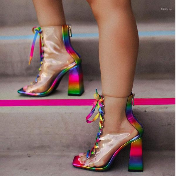

plus size 35-42 new women's ankle boots rainbow colorful pvc transparent high heels boots peep toe cross-tie sandals botas mujer1, Black