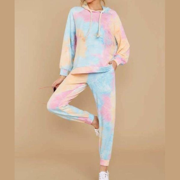

women gradient tie-dye printed two piece tracksuit long sleeve hooded drawstring sweatshirt jogger pants loungewear, Gray