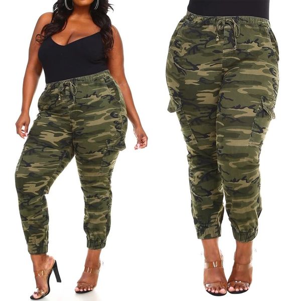

camouflage printed ladies cargo plus fashion women trousers drawstring large size female long pants d30 1020, Black;white