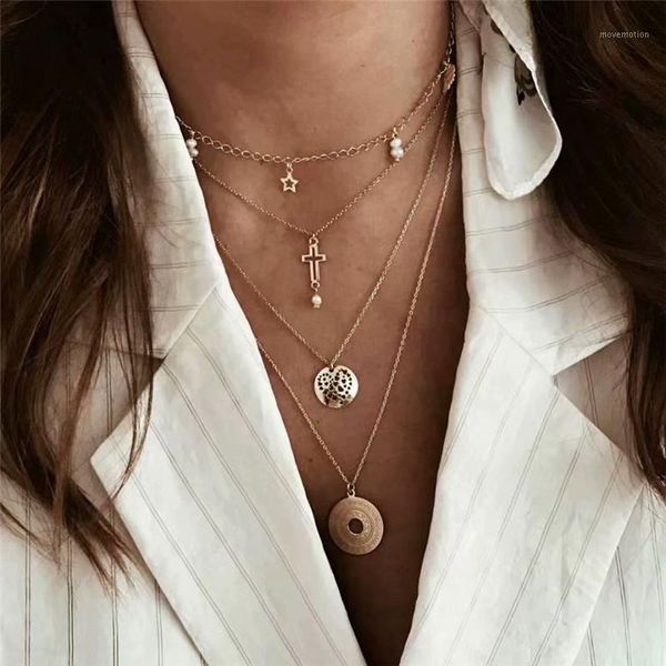 

boho layered chain women necklace star cross hollow round pendants necklaces choker vintage collares charm jewelry1, Golden;silver