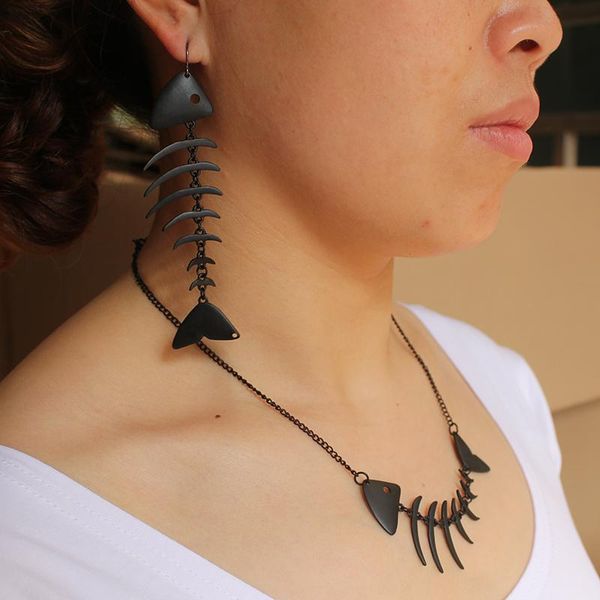 

dangle & chandelier hapiship 2021 fashion women jewelry black tone punk fish bone 4.2" long earring 00ed46 for girls, Silver