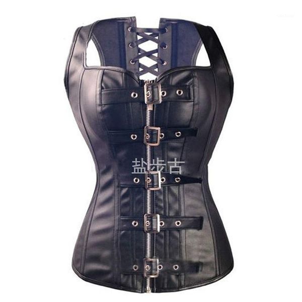 

bustiers & corsets black faux leather buckle overbust waistcoat corset steampunk women bustier cincher corselet co311, Black;white